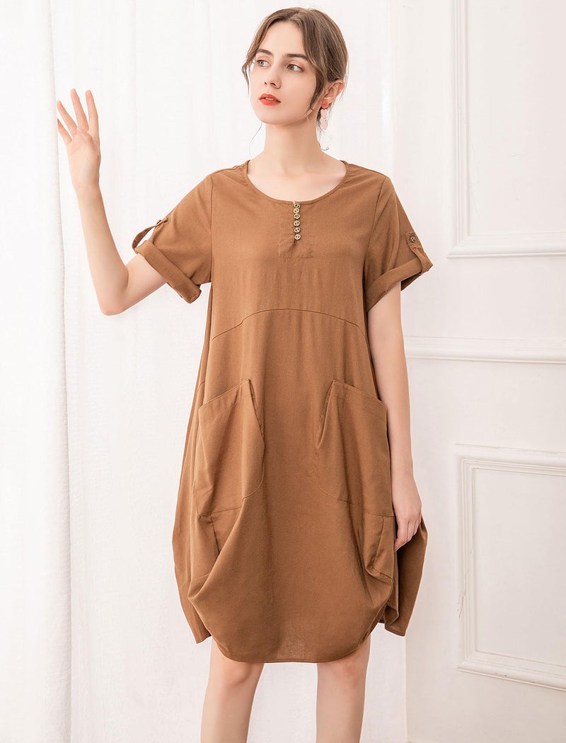 Minibee Women's Ruffle Oversize Casual Midi Dresses with Pockets Brown M - Image 1